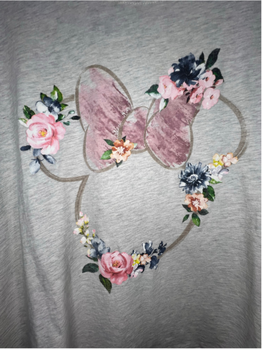 Disney Minnie Mouse Heather Grey Floral Bow Graphic Short Sleeve T-Shirt - Picture 2 of 4